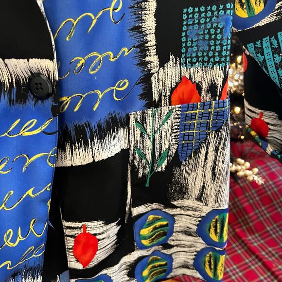 Vintage 1980s Kensington Square Cobalt Abstract Shawl Collar Blazer S - Picture 7 of 9